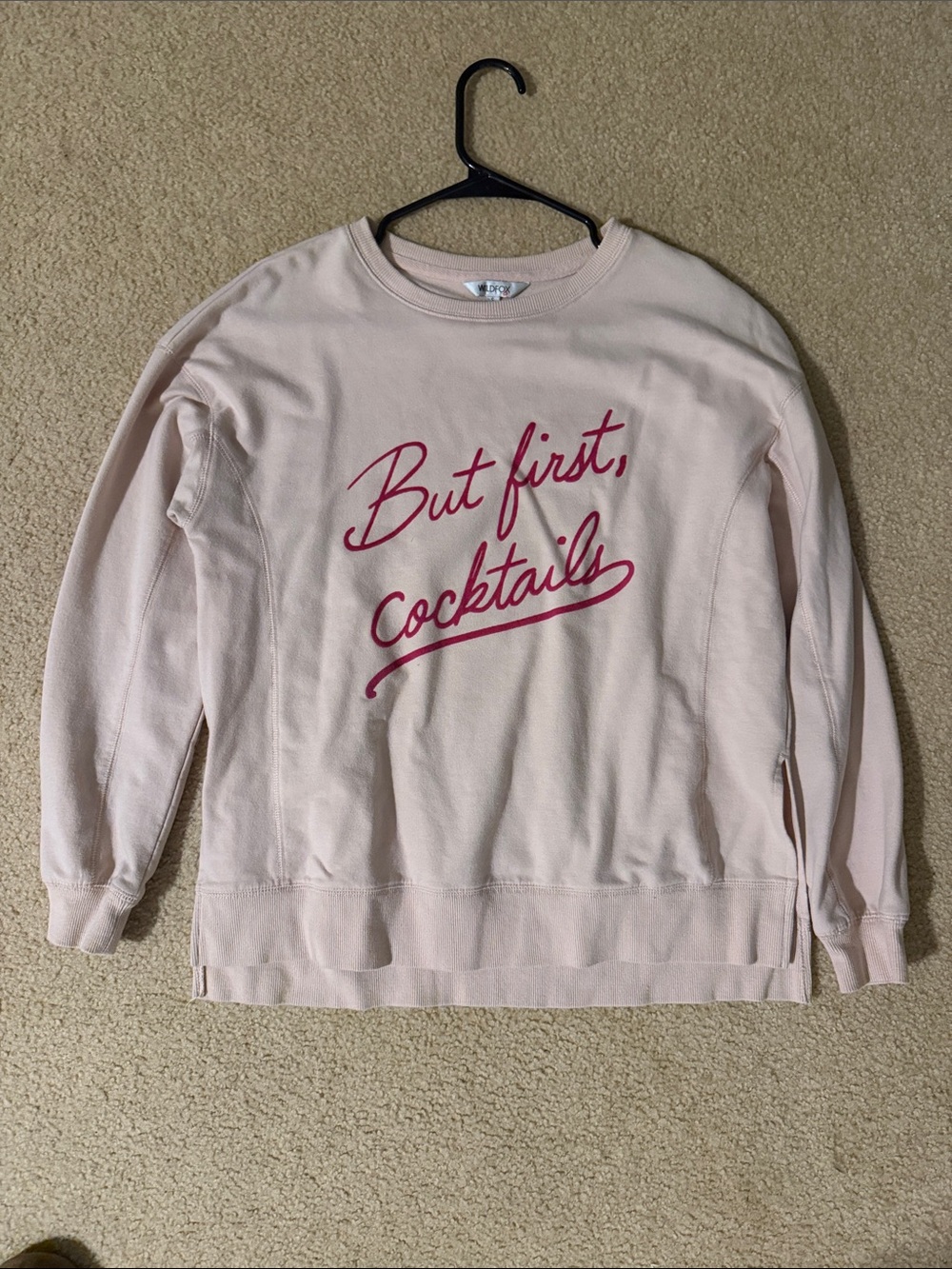 Wildfox Light Pink Sweatshirt with Dark Pink Script "But First, Cocktails"